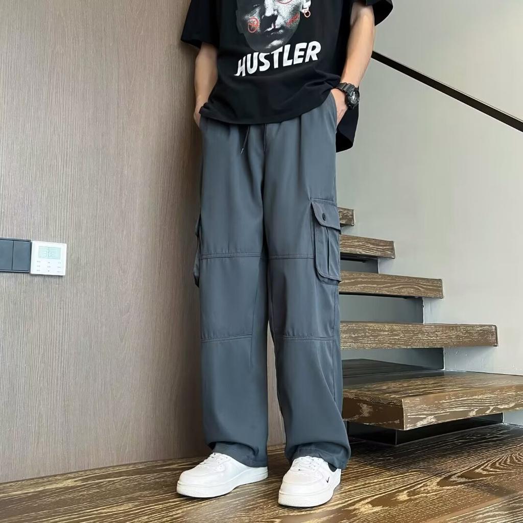 Multi-pocket Overalls Men's Summer Hong Kong Style Ins Loose Straight Trousers Trendy Elastic Waist Casual Pants