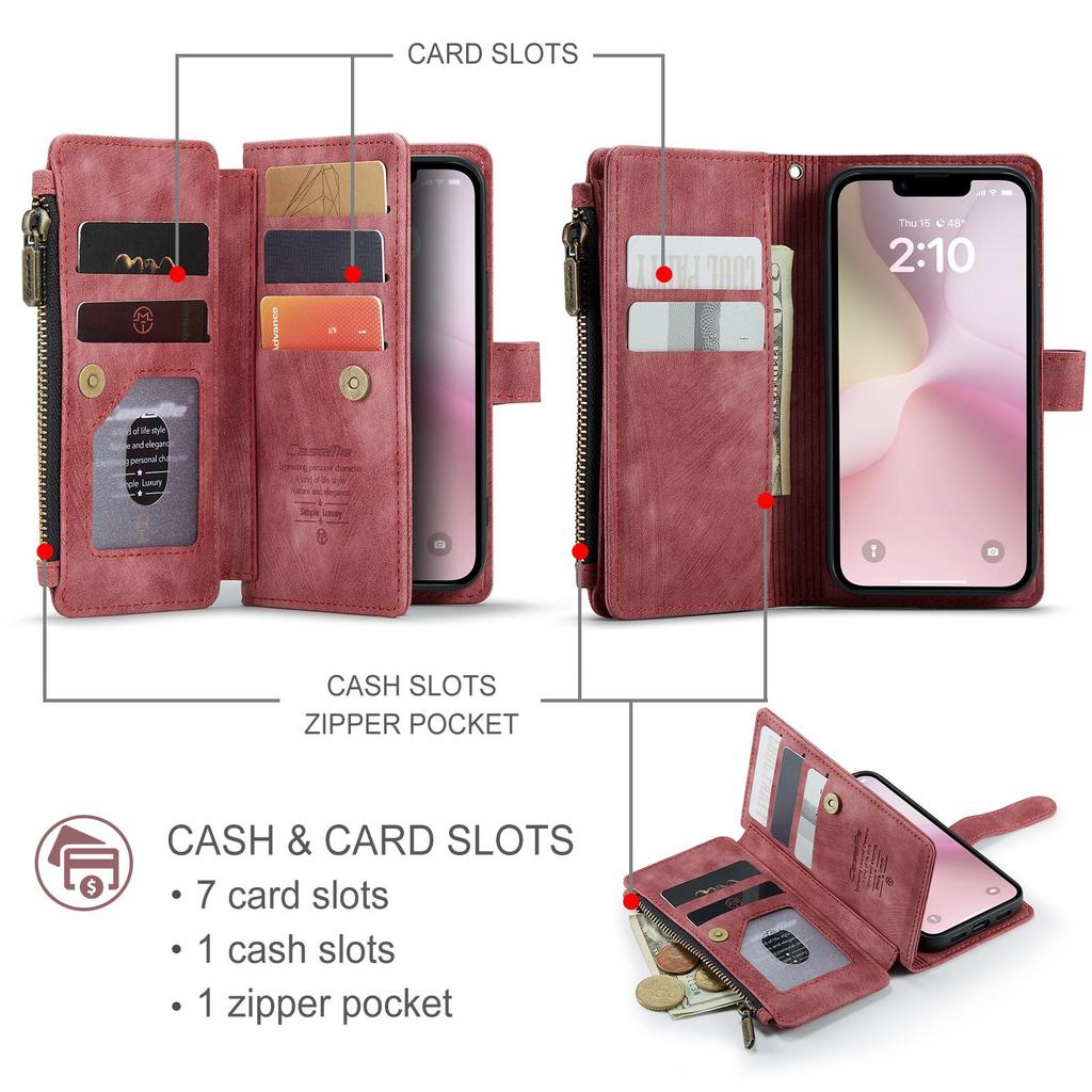CaseMe-C30 Luksusowe Premium Etui Portfel ze Skóry PU Dla iPhone17 16 15 14 13 Pro Max Wielofunkcyjne Etui z Zamkiem Błyskawicznym na Karty Osłony Ochronne Skórki+Pasek