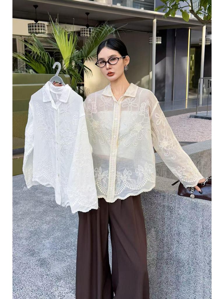 Korean Style Casual Embroidered Long Sleeve Shirt with Irregular Polo Collar