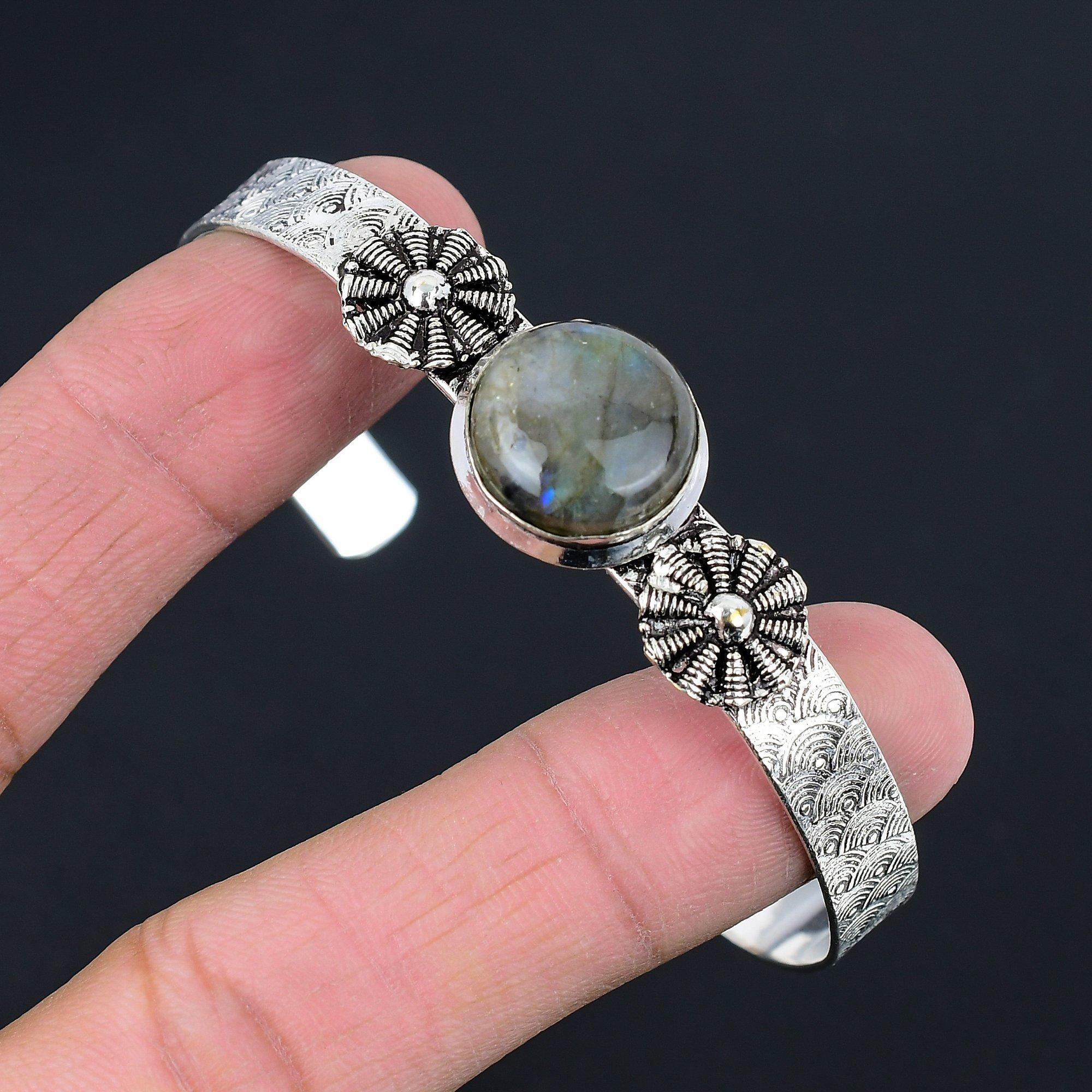 

Daughters Day Deal Round Labradorite Stone Wife Art Deco Bangle Sterling Silver Adjustable