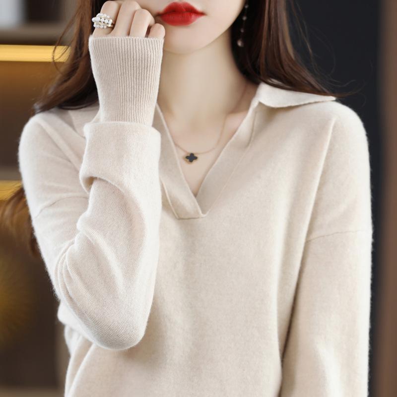 Women's Loose Polo Sweater: 100% Wool Knitwear with Soft Feel, Ideal for Autumn/Winter As Base Layer, Pure Wool Collar.