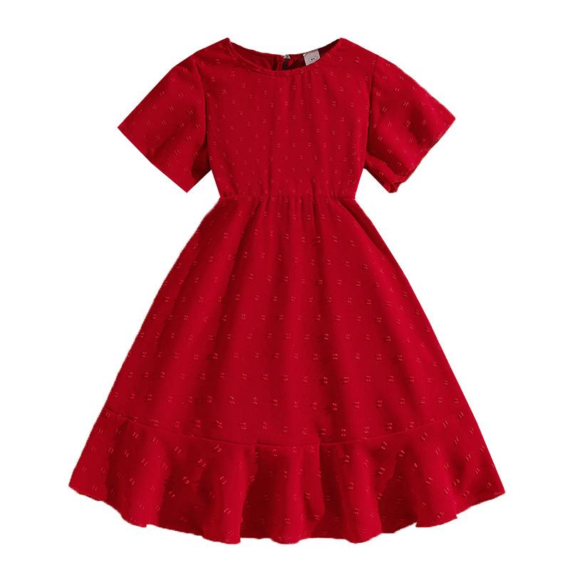 Robe d'été rouge à manches courtes pour filles de 8 à 12 ans