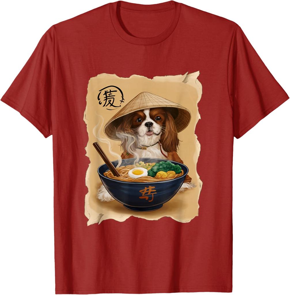 Cavalier King Charles Spaniel Eating Ramen Graphic T-Shirt Cool Asian Style Print Men's Casual Tee