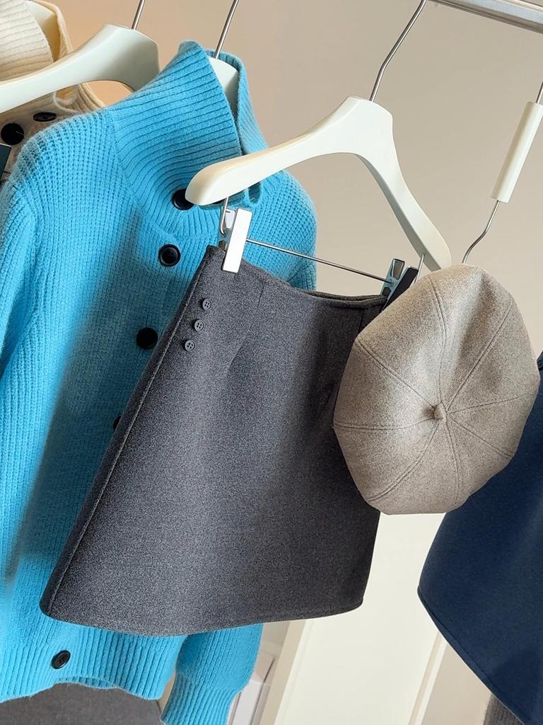 Korean Style Elegant Slimming A-line Woolen Skirt - Women's High Waist Anti-Exposure Short Skirt for Autumn/Winter 25