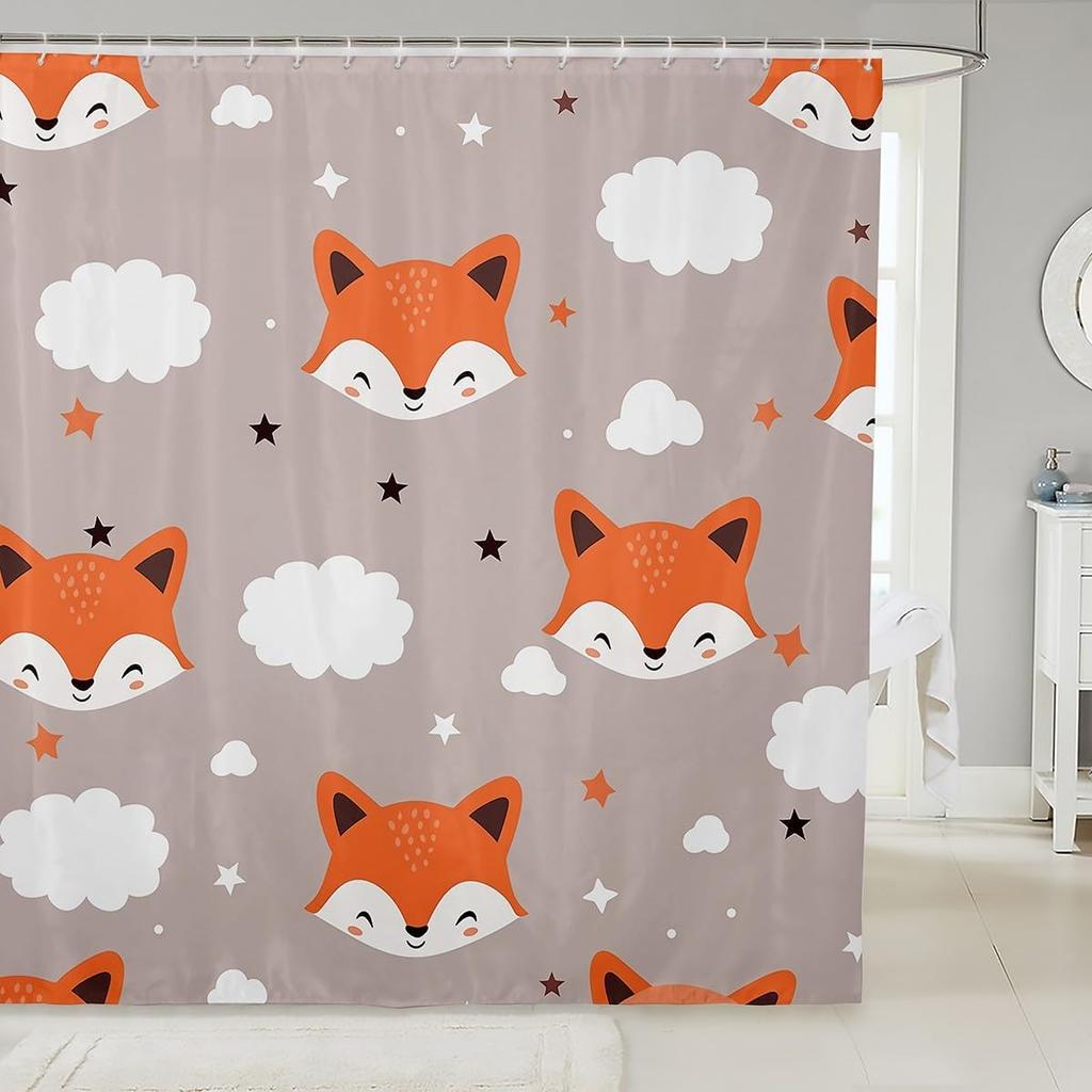 Pink Fox Shower Curtain Japanese Cherry Blossoms Bath Curtain Girls Teens Cute Cartoon Bathroom Shower Curtain Set Waterproof