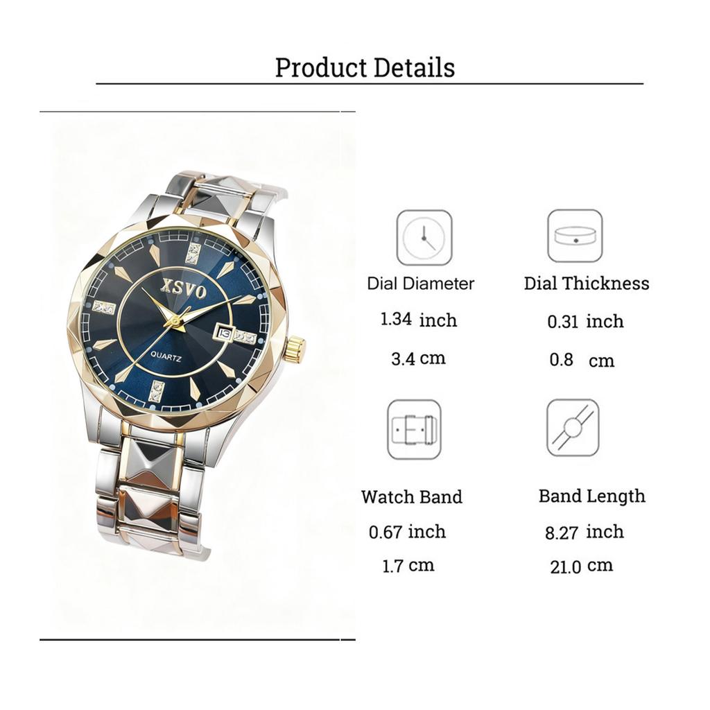 New Elegant Quartz Watch Couple's Watch Blue Disc with Diamond Calendar Functional Steel Chain Quartz Watch Set Daily Match