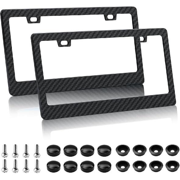 EWBN Carbon Fiber License Plate Frame,2 Pack Black License Plate Frames with Screws & Caps,Classic Carbon Fiber Design Car Black License Plate