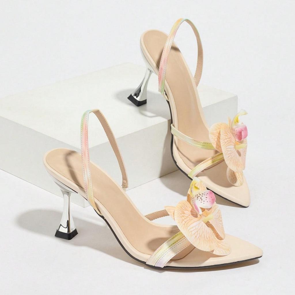 Women's three-dimensional flower decoration back strap electroplated heel pointed open-toed stiletto sandals women's shoes