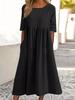 Women's Round Neck 3/4 Sleeve Linen Cotton Loose Midi Dress With Side Pockets Casual Swing Dress