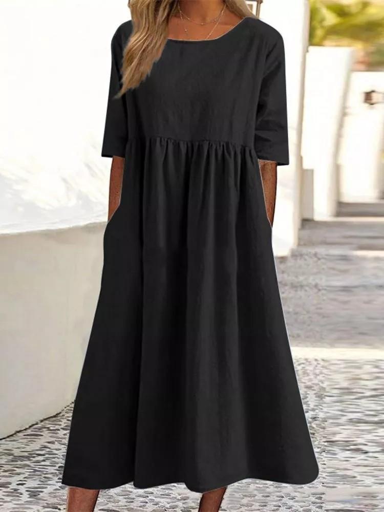 Women's Round Neck 3/4 Sleeve Linen Cotton Loose Midi Dress With Side Pockets Casual Swing Dress