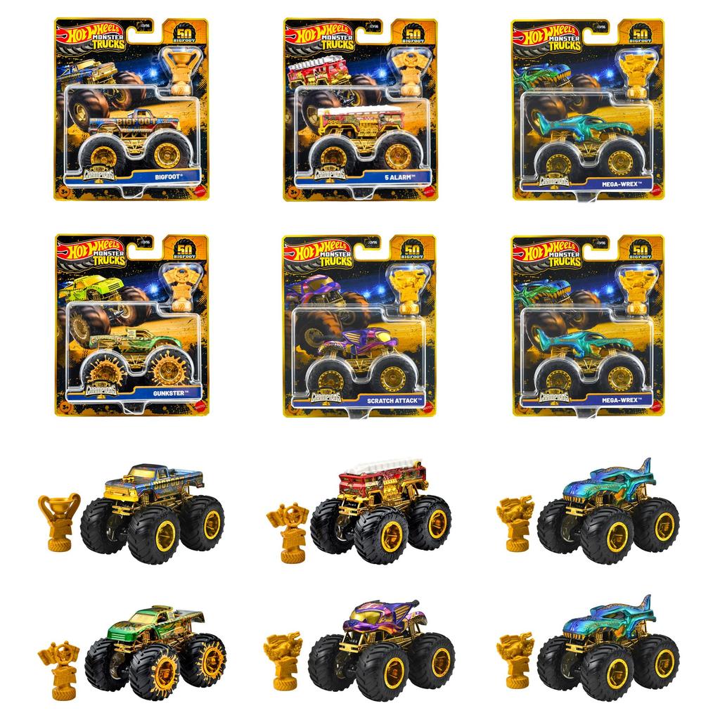 Hot Wheels Monster Truck Trophy Champion Assorted Vehicle Ages Toys, 6-Car Box, 3+, Multi-Purpose, 986B-JDV96