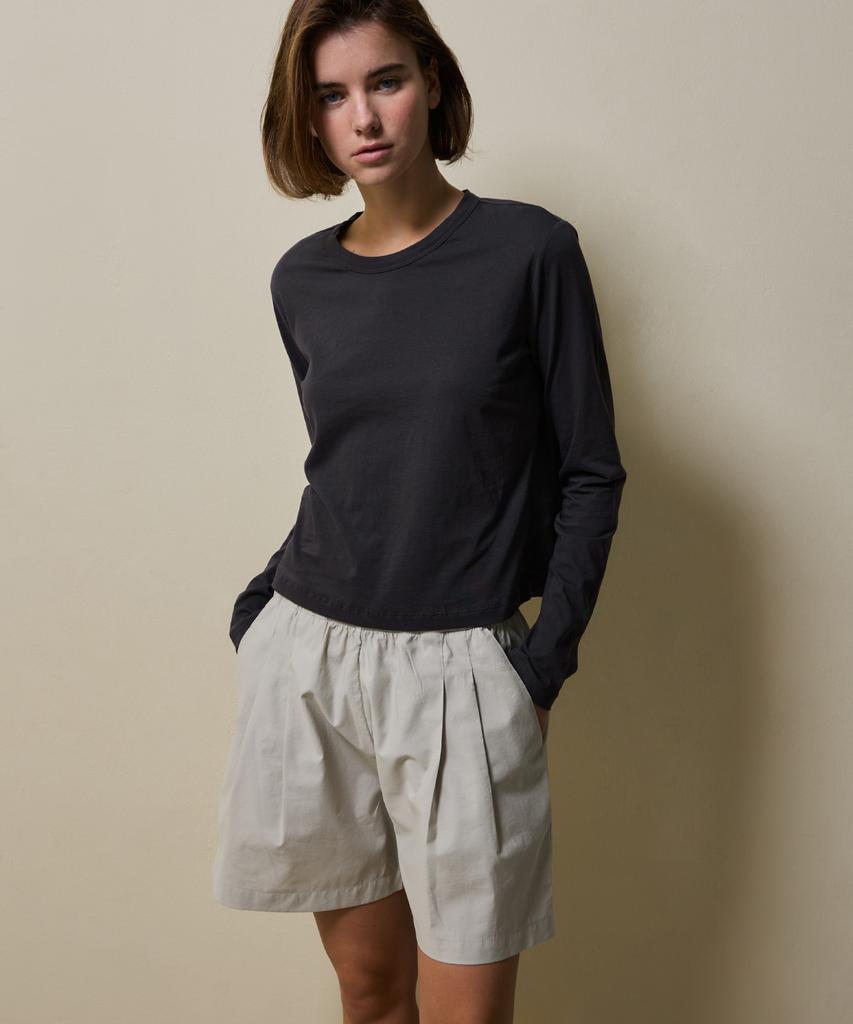 SHINE ON YOU Cotton Blend Double-Pleated Elastic Shorts _ Soft Stone