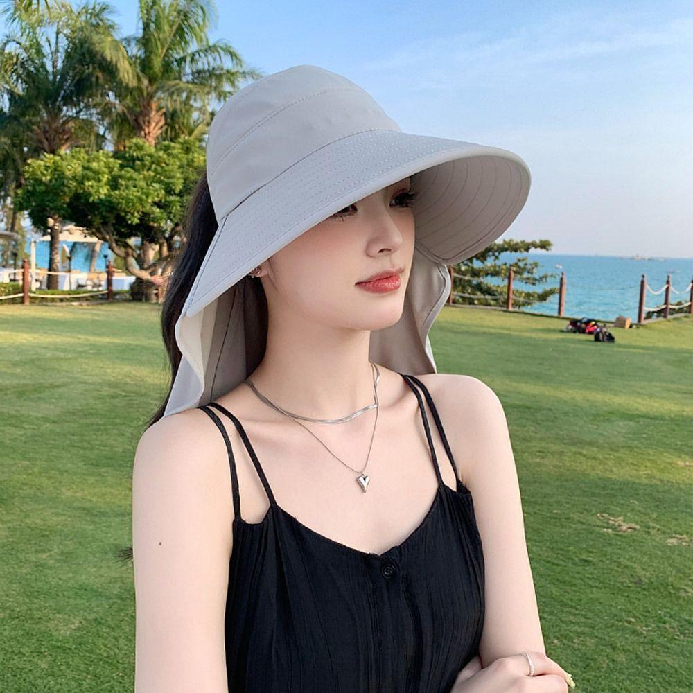 Summer Wide Brim Bucket Hat Empty Top Neck Cover Cap New Women Sun Hat  Outdoor
