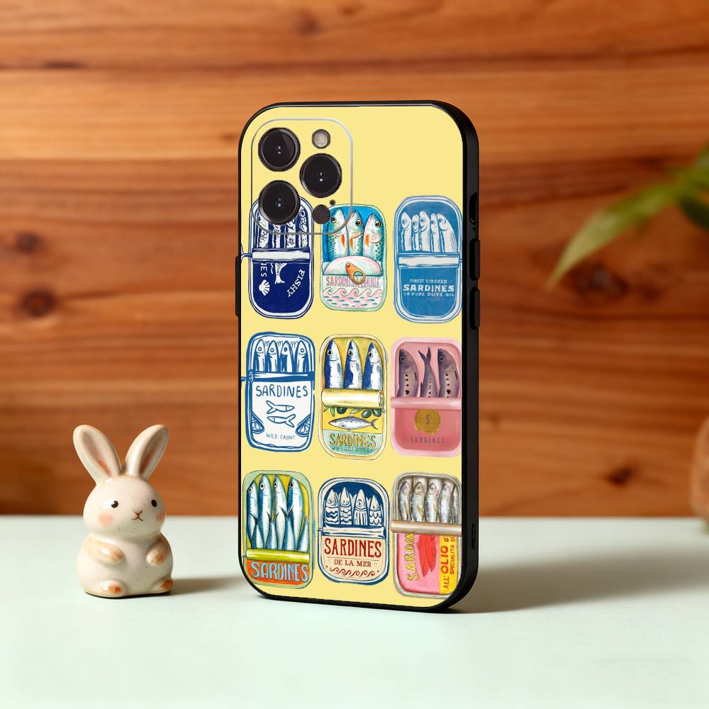 V-Vintage Canned Sardines Phone Case For iPhone17,16,15,14,13,12Plus,Pro Max,XS,5G Soft Silicone Black Cover