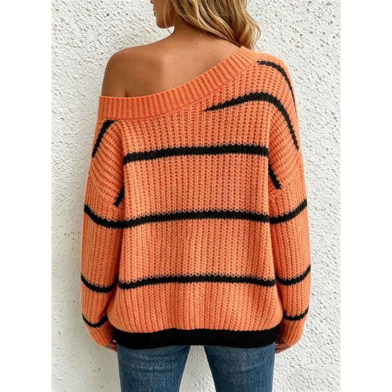 Women Casual Off Shoulder Knit Sweater Loose Fit Long Sleeve Pullover