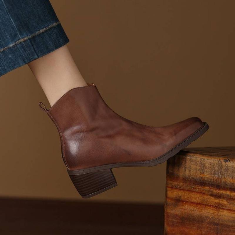 Neue Damen-Rindsleder vielseitige Martin Stiefel einfarbig Seitenreißverschluss Übergröße mittlerer Absatz Damenstiefel dicker Absatz Reißverschluss mittelhohe Stiefel