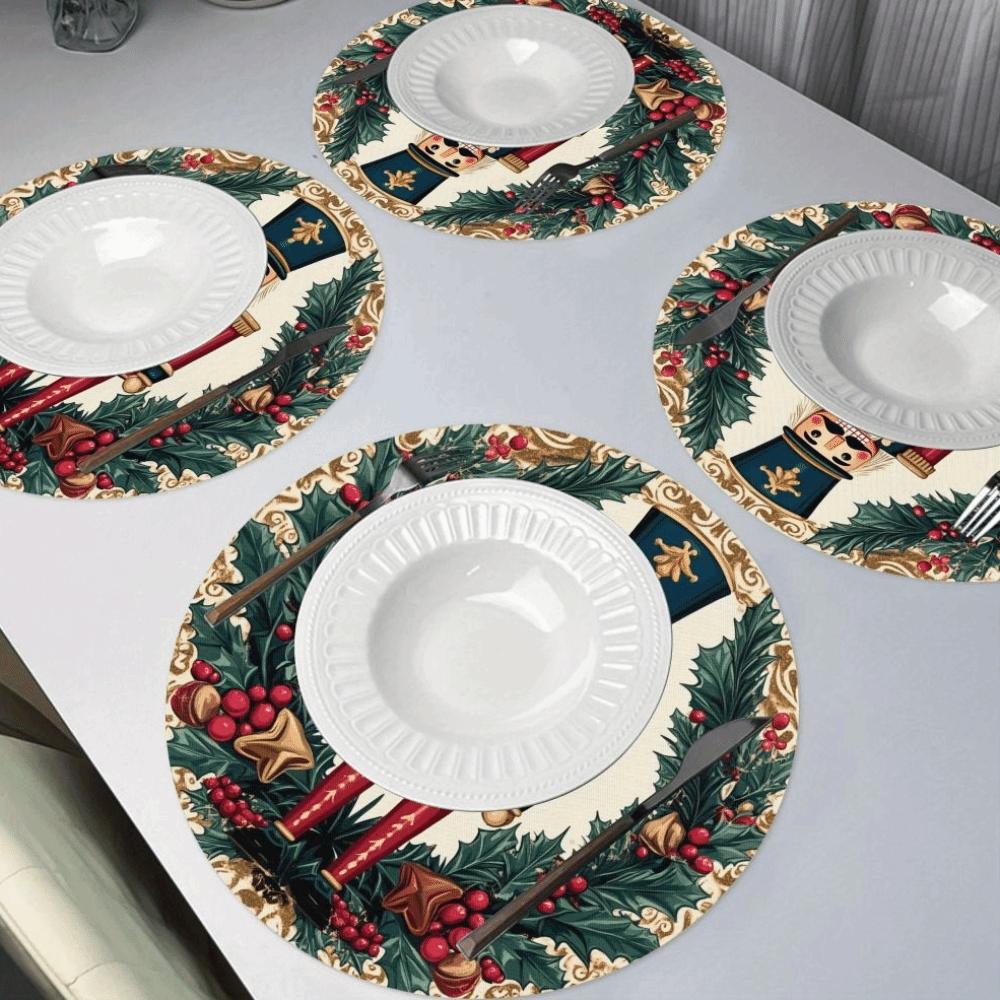 4Pcs Heat Resistant Linen Placemat Anti-slip Snowflake Placemat Christmas Round Placemat Party