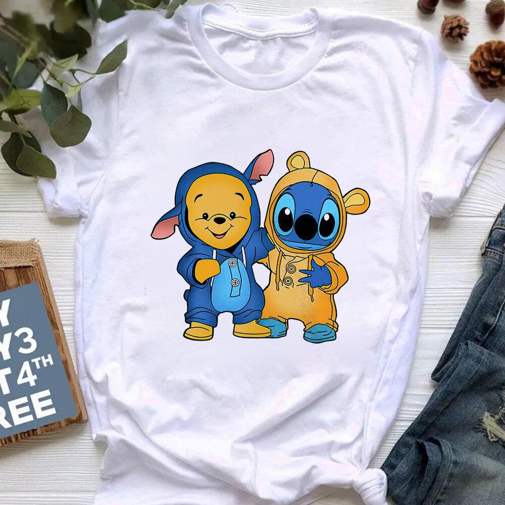

Disney Симпатичный стежок и Пух Медведь Футболка Женщины Мультфильм Мода Творческий принт Одежда Молодой стиль Летняя улица Женские футболки