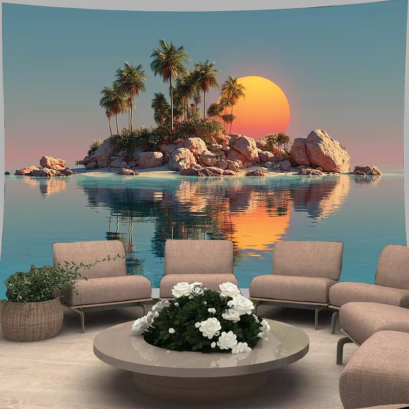 2D Minimalist Tropical Island Backdrop, Pastel Sunset & Water Reflection Art 47.2x31.5inch/120*80cm