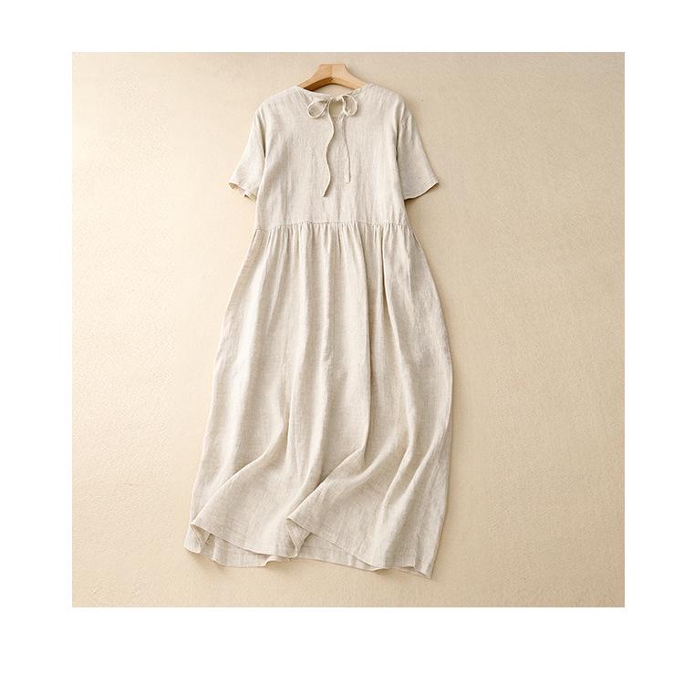 2025 Summer Literary Loose Cotton Linen Dress - Women's Solid Color, Round Neck, Short Sleeve, Mid-Length