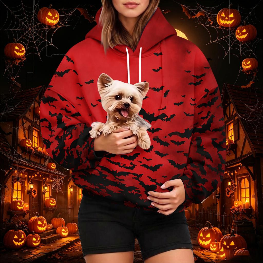 Women's Fashion Halloween Print Hoodie with Pet Pocket, Casual Pullover Sweatshirt for Fall