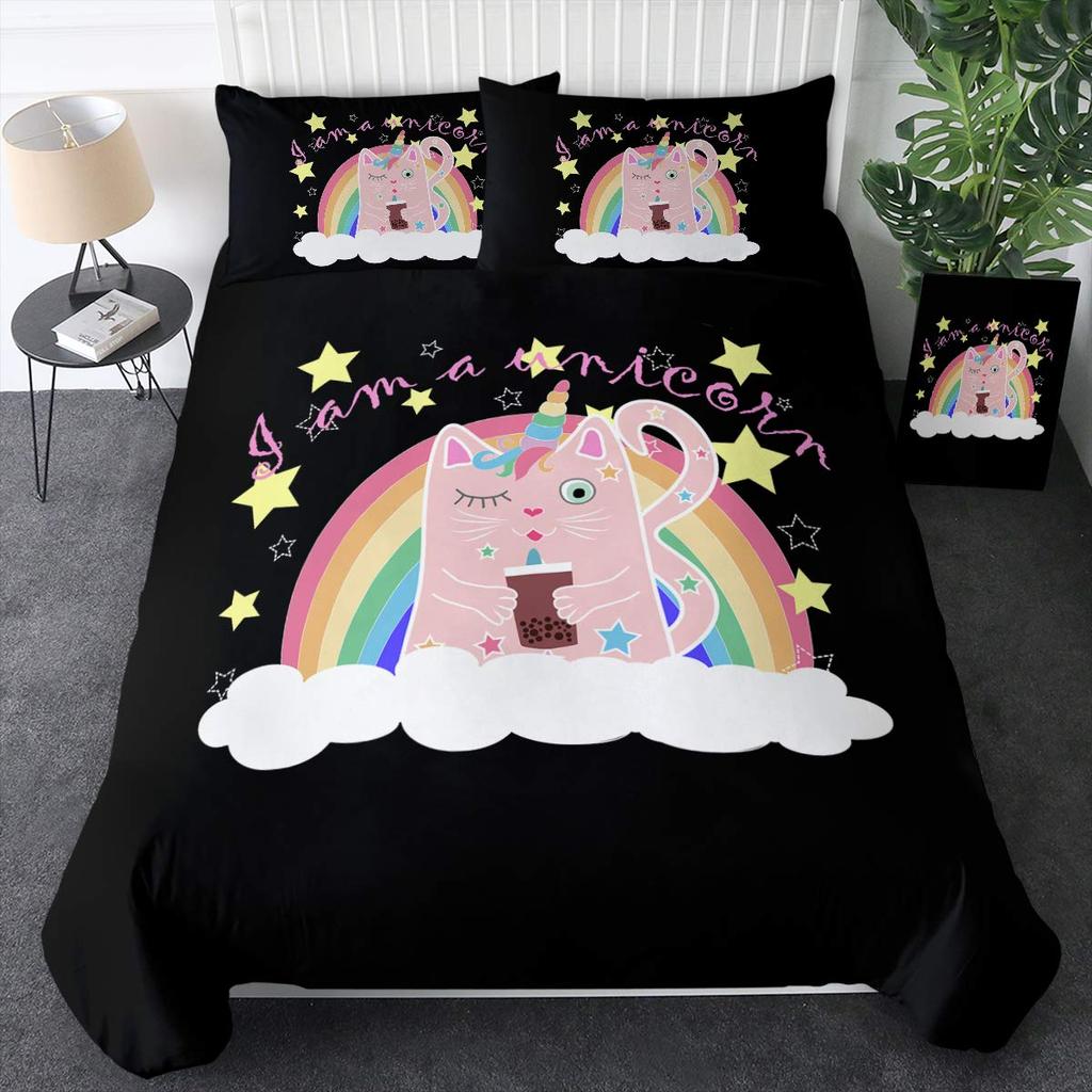 Sada povlečení s kočkami, Šedobílá sada ložního prádla s kočkami, Kreslená sada přikrývky s kočkami, Dívčí Kawaii sada povlaku na přikrývku s kočkami Full King Size