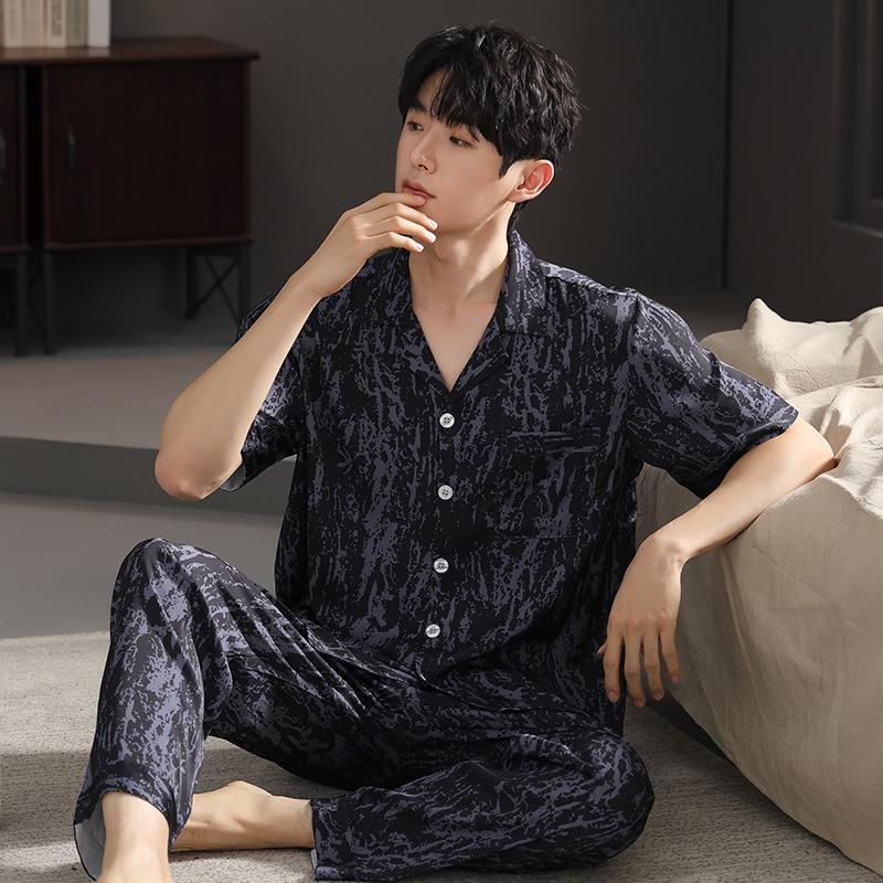 1011 New Pajamas Men's Summer Ice Silk Short-sleeved Trousers Simulated Silk Plus Size Star Loungewear Set