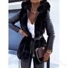 Winter Women's Faux Fur Coat Hooded Leather Sleeve Belted Warm Jacket