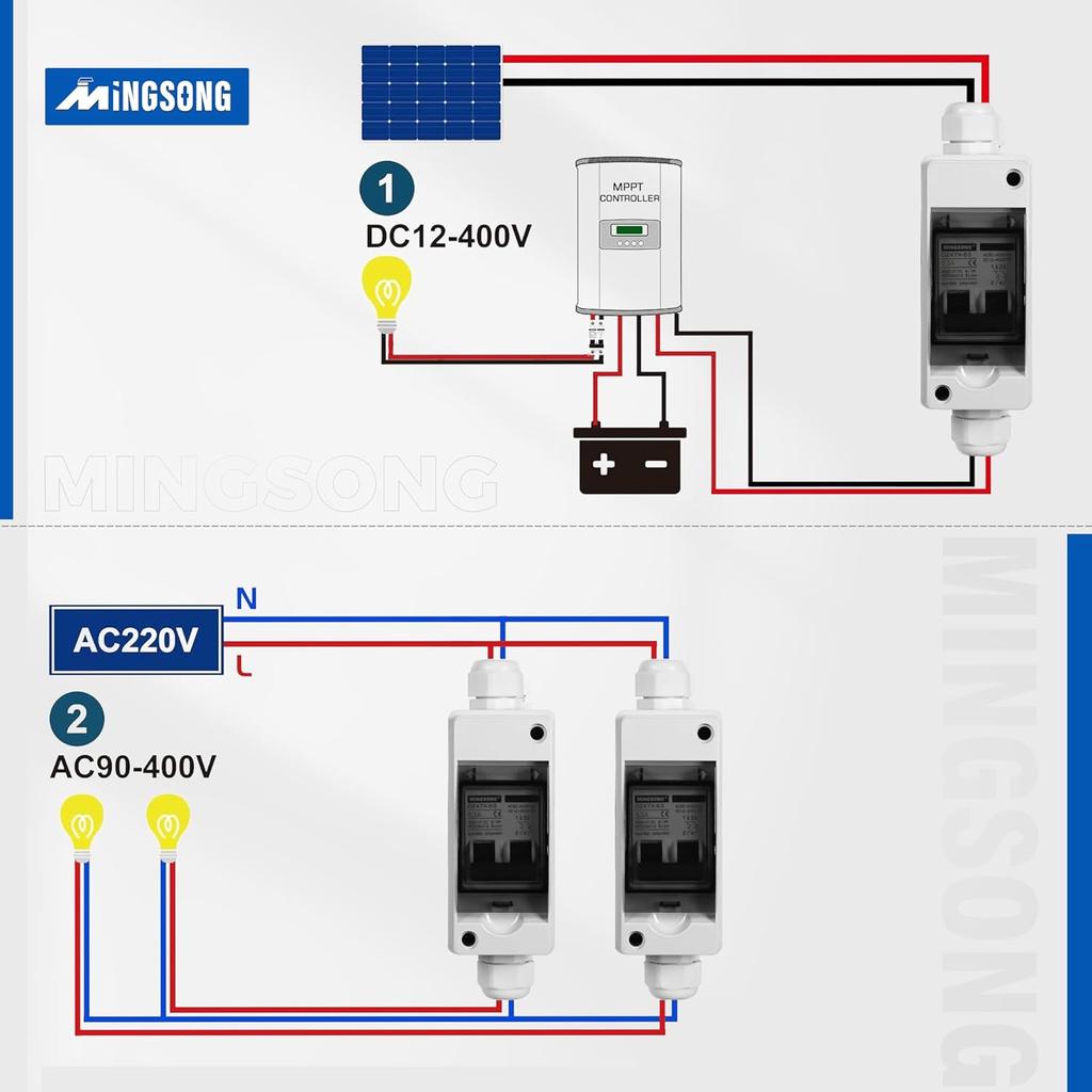 Solar Panels Disconnect Switch 63Amp DC Solar Shut Off Switch 400V 2 Poles Outdoor AC Small Miniature Circuit Breaker Box, IP65 Waterproof UV-Proof