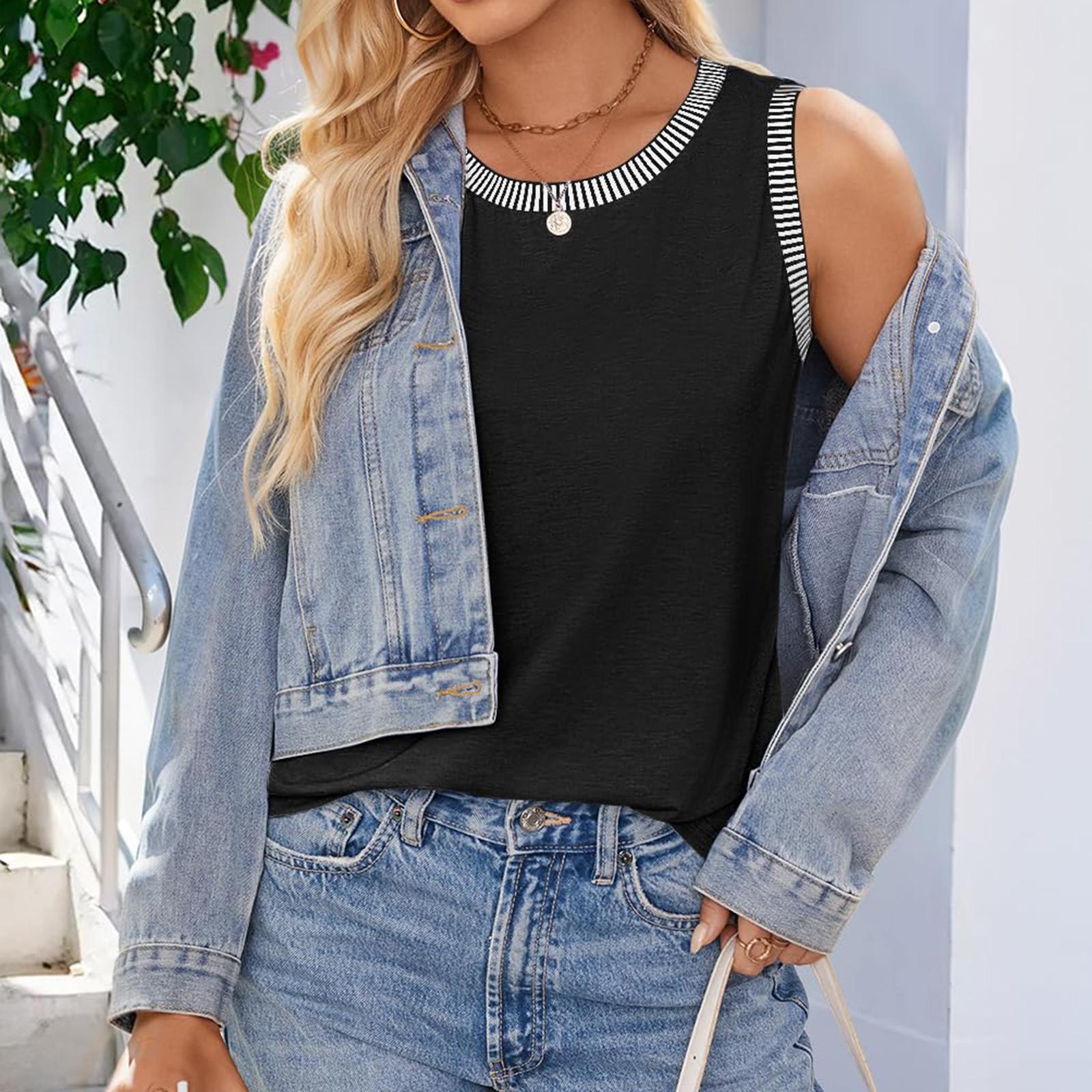 

Женская модная повседневная футболка-топ без рукавов с круглым вырезом и цветными блоками, приталенная L чёрный