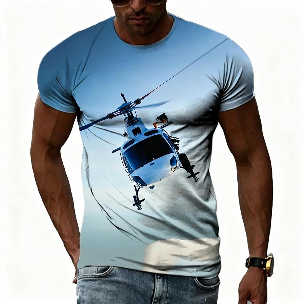 Summer Round Neck 3D Helicopter Pattern Print Top Fashionable Casual Short Sleeved Men's T-shirts