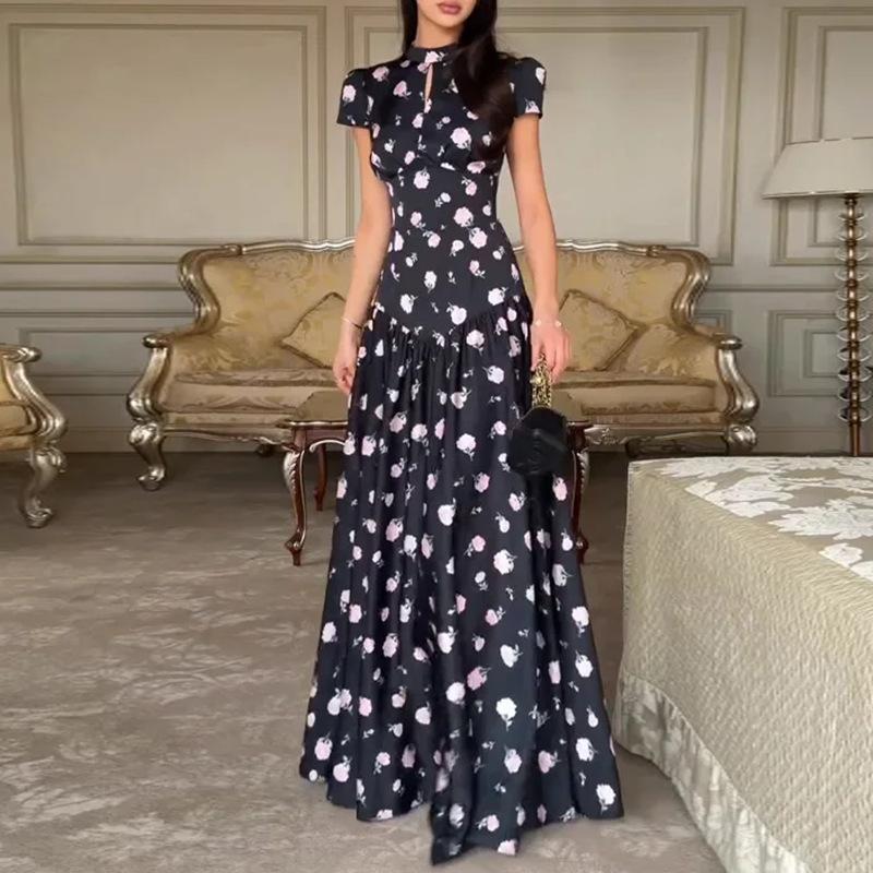European and American Women's Clothing, New Spring Models, Fashionable and Elegant Commuter Print Hollow Slim Dress