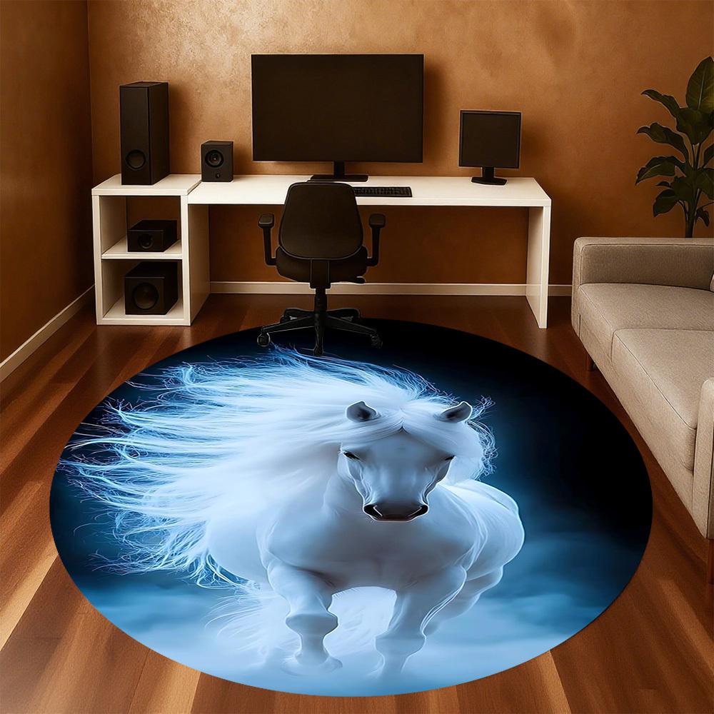 1pc White Horse Fantasy Round Chair mat office Area Rug - Non-Slip, Floor Mat for Office, Bedroom, and Indoor Decor p127004