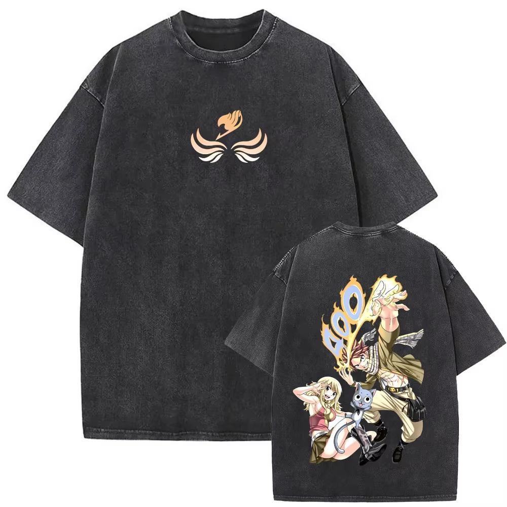 Summer Hot Sale Anime Fairy Tail Vintage Washed T-shirt Y2K Men Women Hip Hop Punk Streetwear Oversized T-shirt