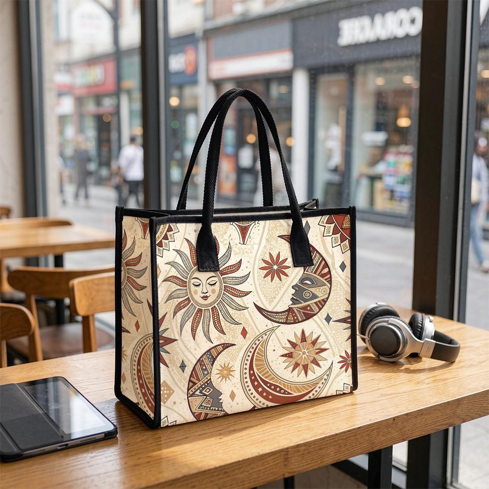 Bohemian Sun Moon Print Tote Bag Large Capacity Casual Daily Shoulder Handbag for Shopping Travel