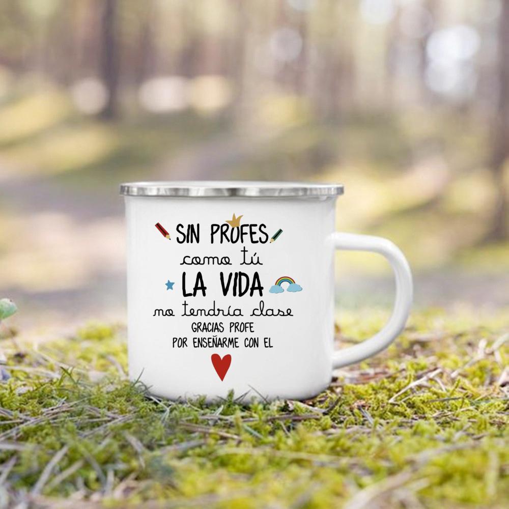 Best Teacher in The World Spanish Printed Mug Creative Coffee Cups Drinks Enamel Cup Vintage Handle Drinkware Gifts for Teacher