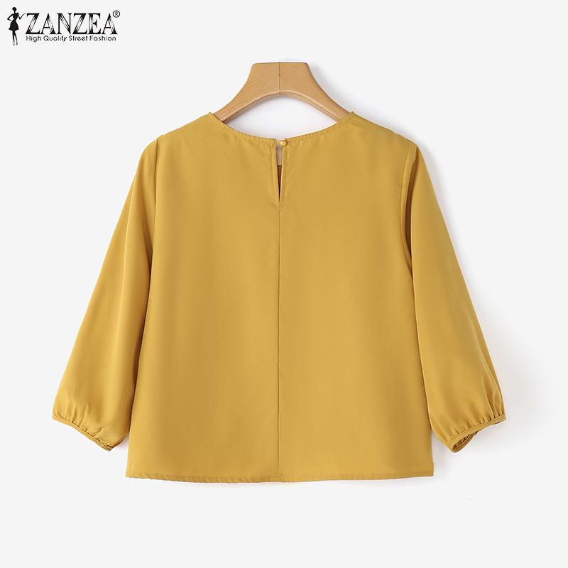 ZANZEA Womens Casual Round Neck 3/4 Sleeve Solid Color Loose Blouse