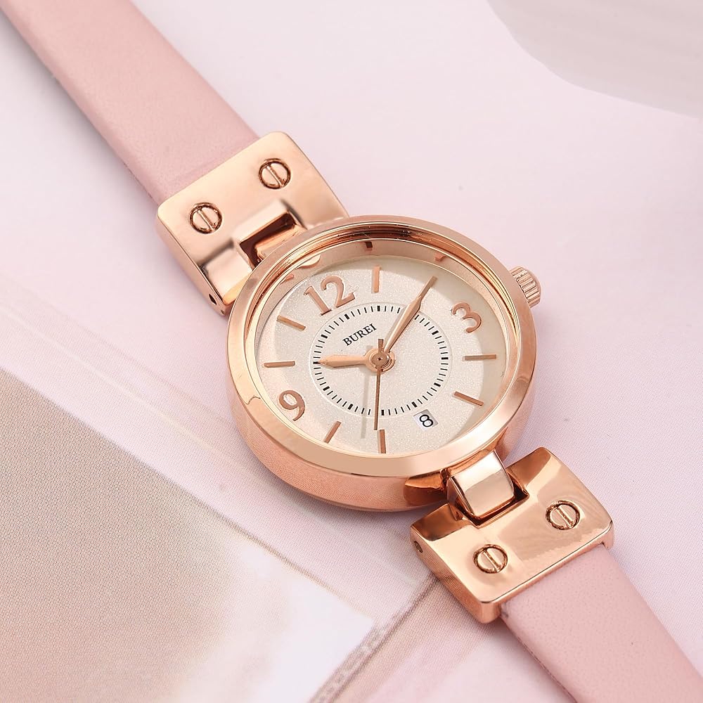 BUREI Women's Analog Quartz Watch Pink Leather Strap Waterproof Lightweight Simple Design