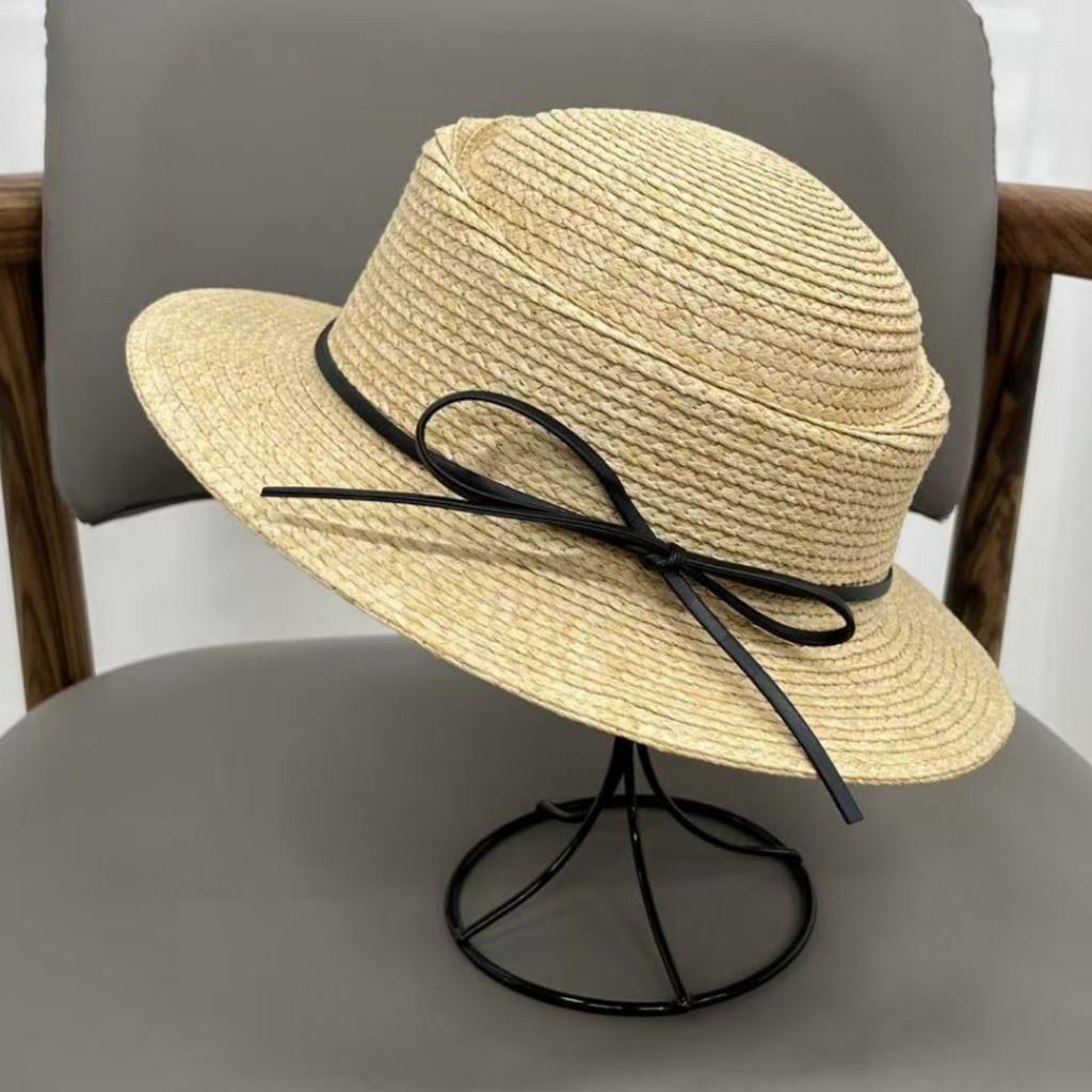 French bow concave top straw hat women's new straw hat summer flat brim beach seaside vacation sun hat