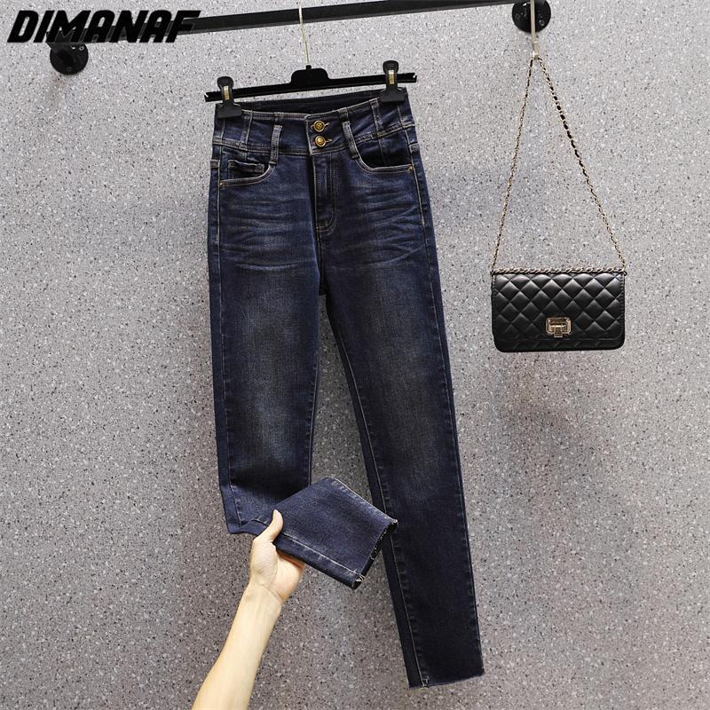 

DIMANAF 2023 Большие размеры джинсы длинные брюки женские эластичные свободные повседневные женские базовые тонкие брюки полной длины синие с высокой талией