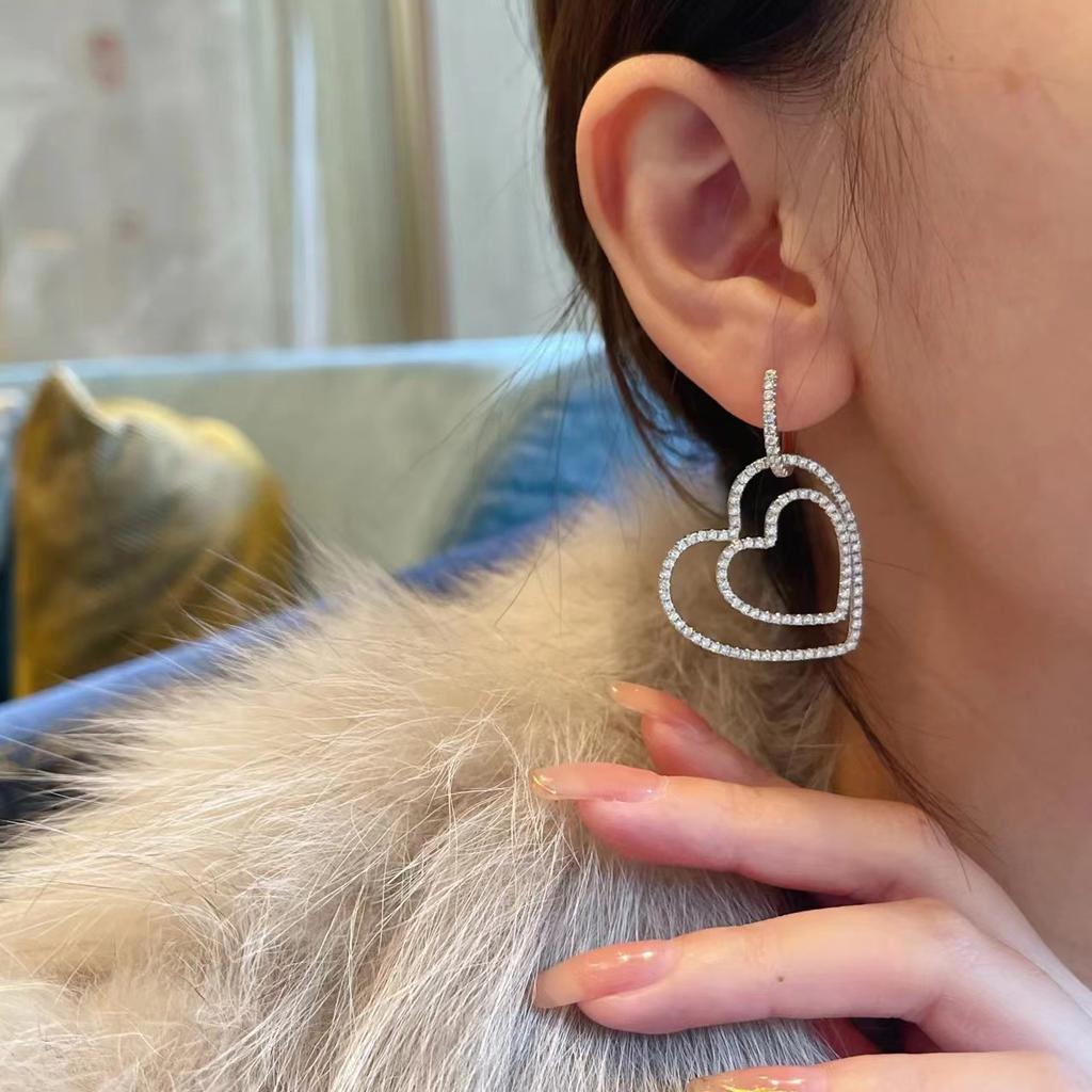 Fashionable Women's Micro Paved Cubic Zircon Brass Huggie Hoop Earrings New Trend Double Heart Drop for Parties and Gifts