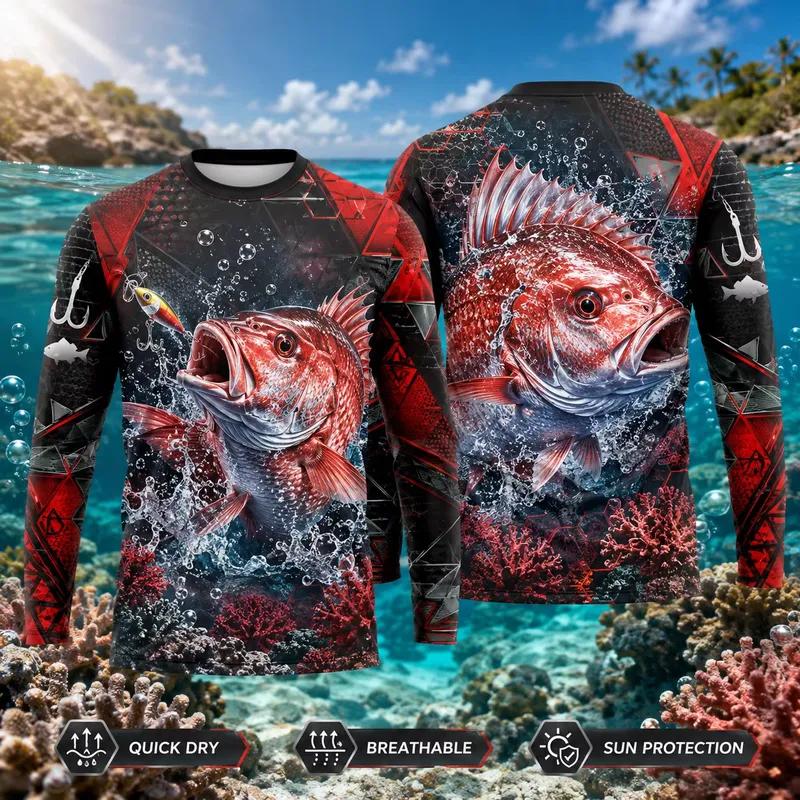 3D Print Casual Long Sleeve Red Snapper Fishing Shirt Men 3D Fish Print Quick Dry UPF 50 UV Protection Jersey Outdoor Angling
