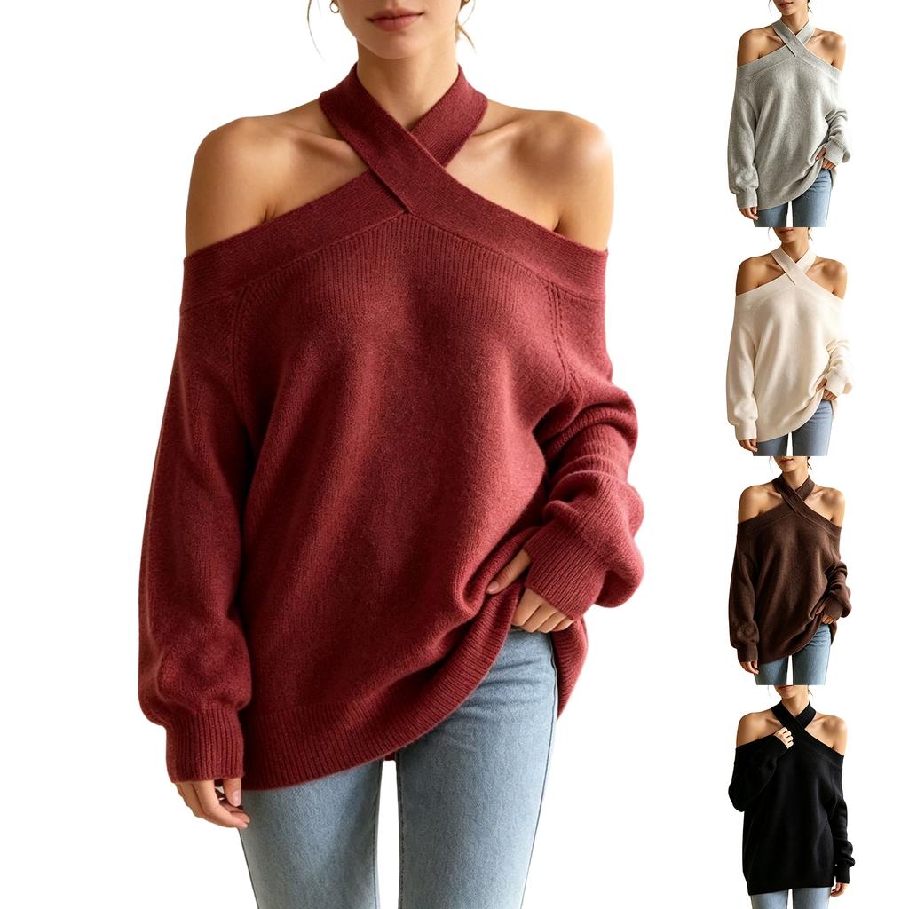 Damen Strickpullover mit Carmen-Ausschnitt, lockerem Schnitt