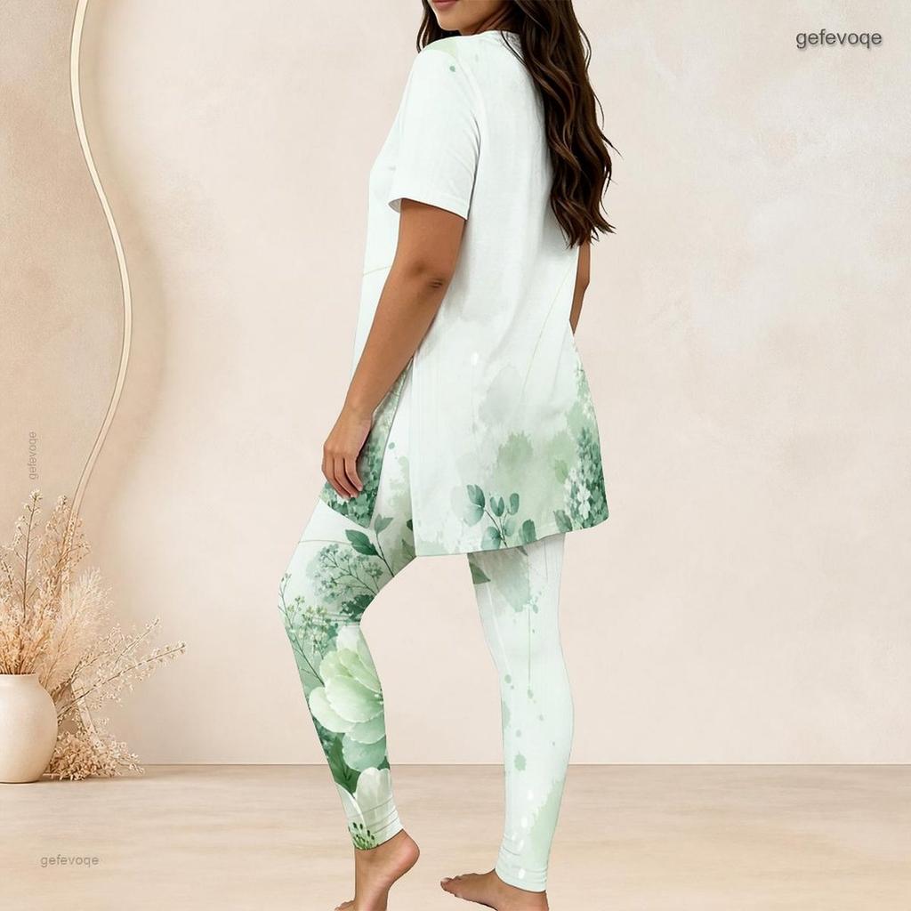 Women Plus Size Two Piece Set Round Neck Short Sleeve Floral Printed Longline Top Fitted Pants Light Green