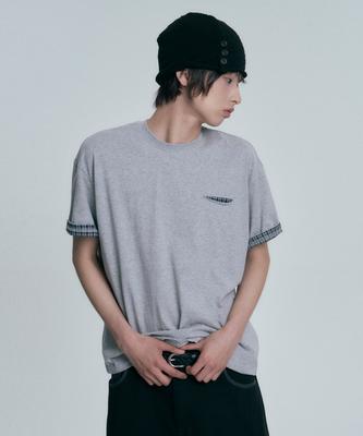 MOO Check Roll-Up Short Sleeve T-Shirt - Gray