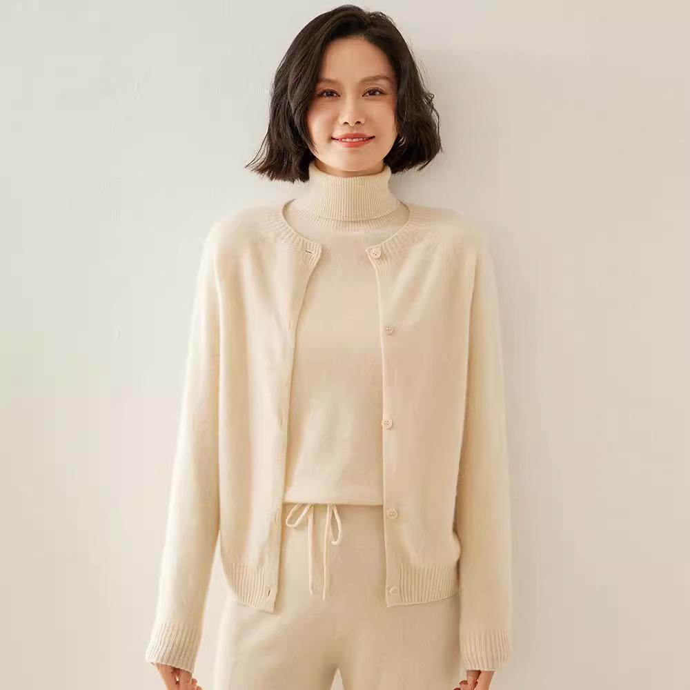 Women's Cashmere Round Neck Cardigan - Autumn/Winter Slim Fit Knitted Sweater, Solid Color, Versatile Outerwear