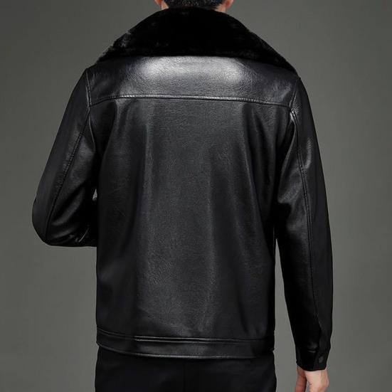 Men Coat Faux Fur Lapel Long Sleeve Faux Leather Jacket Thickened