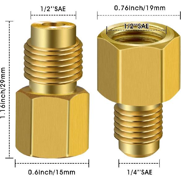 6 Pieces 6015 R134A Brass Refrigerant Tank Adapter to 1/2 Inch Male | R12 Fitting Adapter 1/2 Female to 1/4 Male Flare Adaptor Valve Core and 6014