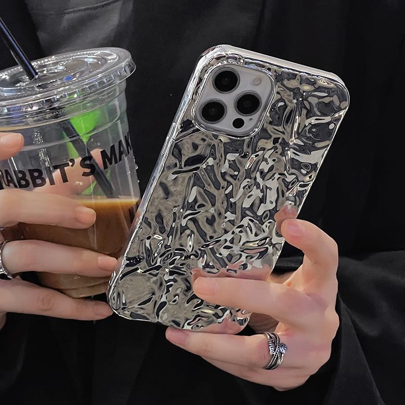 Plating Metal Color Silver Tin Foil Pleats Case For iPhone 14 13 12 11 15 16 17 Pro Max Air Mini XS XR Plus Silicone Phone Case
