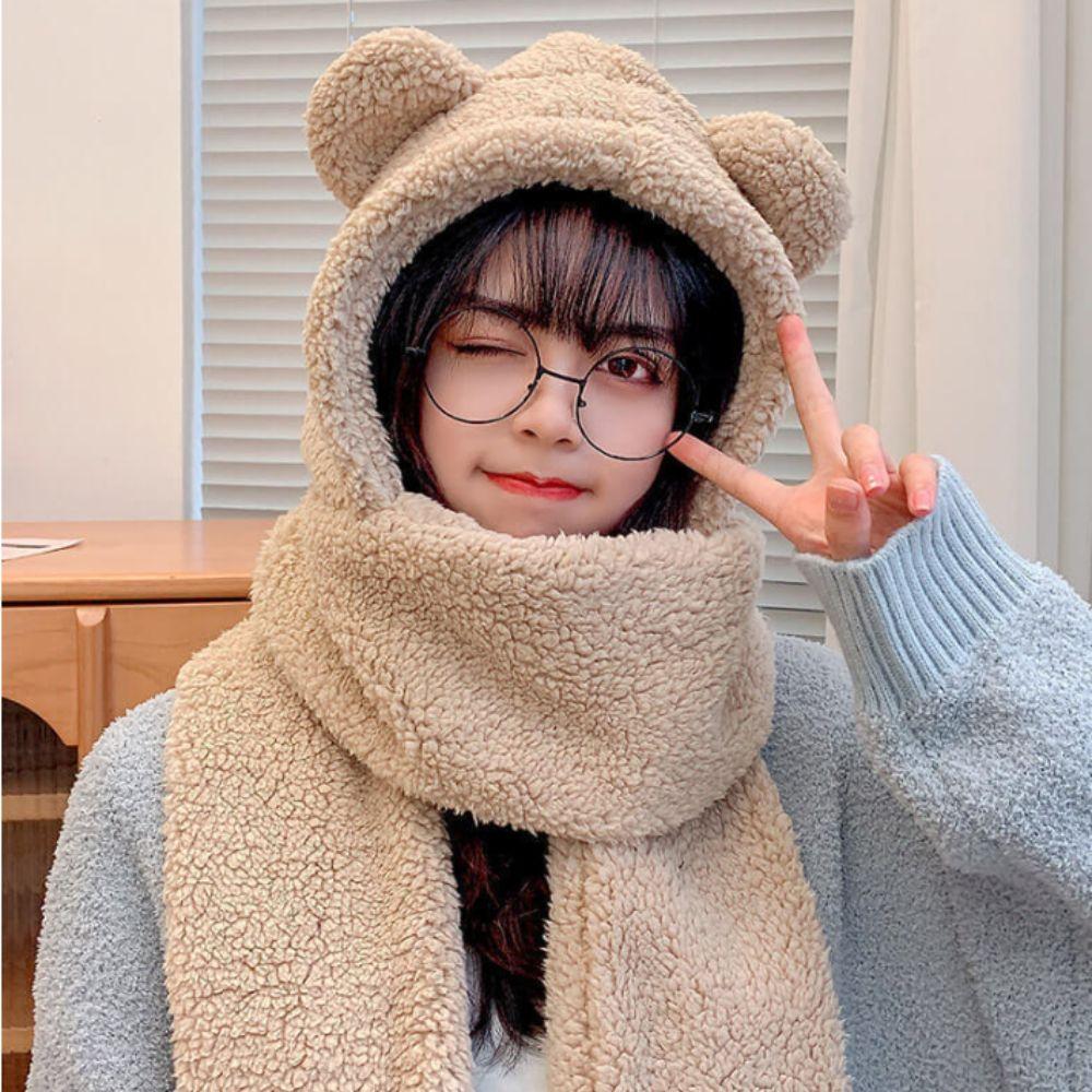 Thickened Bear Ear Plush Beanie 3 In 1 Fleece Scarves Hat Sweet Plush Scarf Hat Gloves  Girl